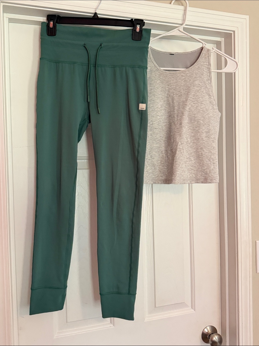 Vuori Green Track Joggers with Drawstring Waist with grey crop built in bra tank
